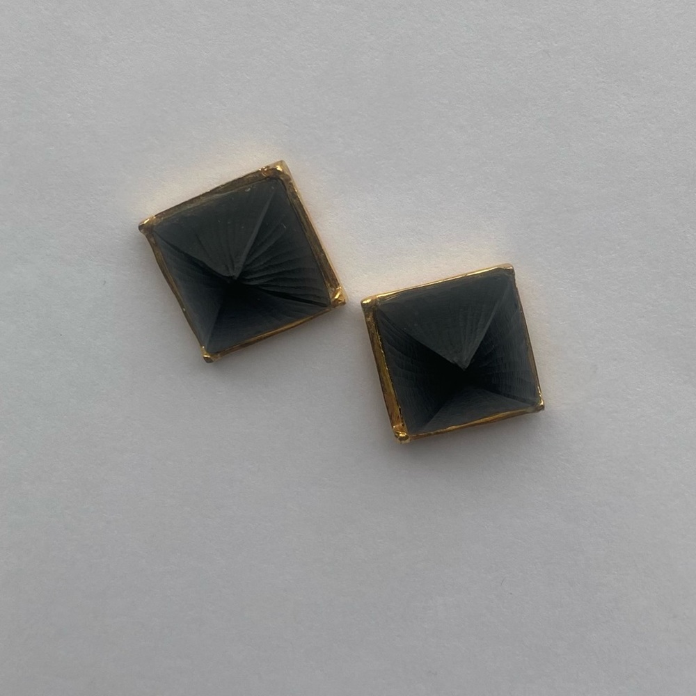 Vintage Lucite Pyramid Stud Earrings Black W/Gold